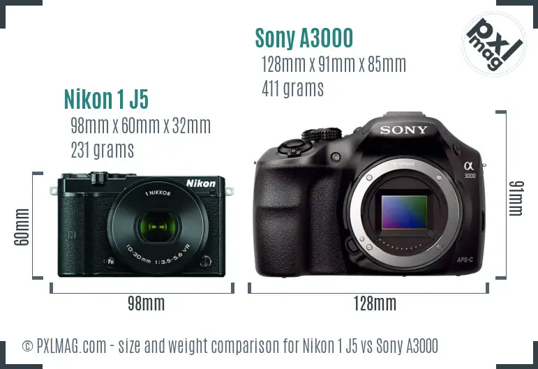 Nikon 1 J5 vs Sony A3000 size comparison