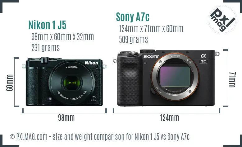 Nikon 1 J5 vs Sony A7c size comparison