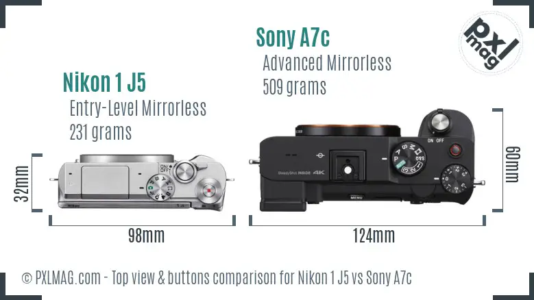 Nikon 1 J5 vs Sony A7c top view buttons comparison
