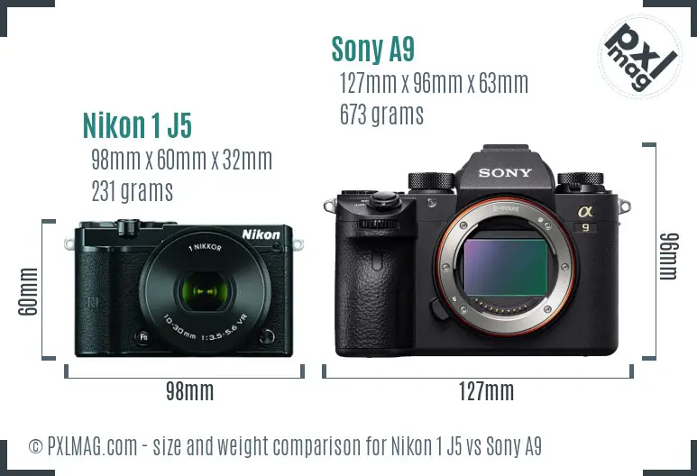 Nikon 1 J5 vs Sony A9 size comparison