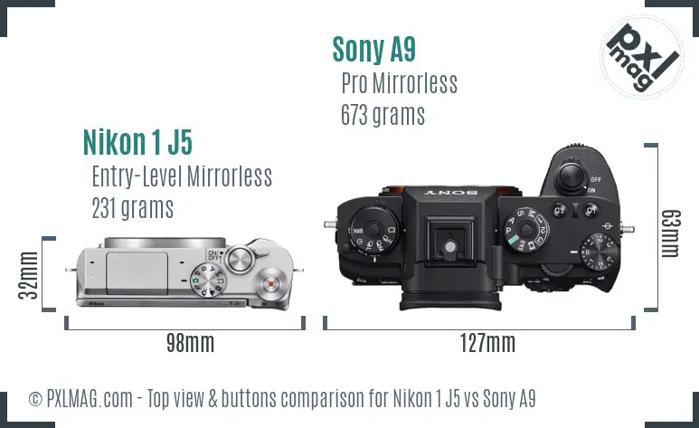 Nikon 1 J5 vs Sony A9 top view buttons comparison