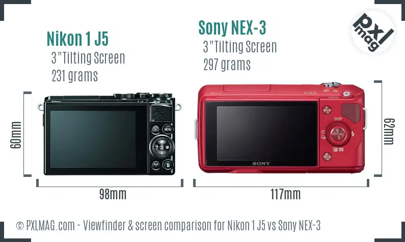 Nikon 1 J5 vs Sony NEX-3 Screen and Viewfinder comparison