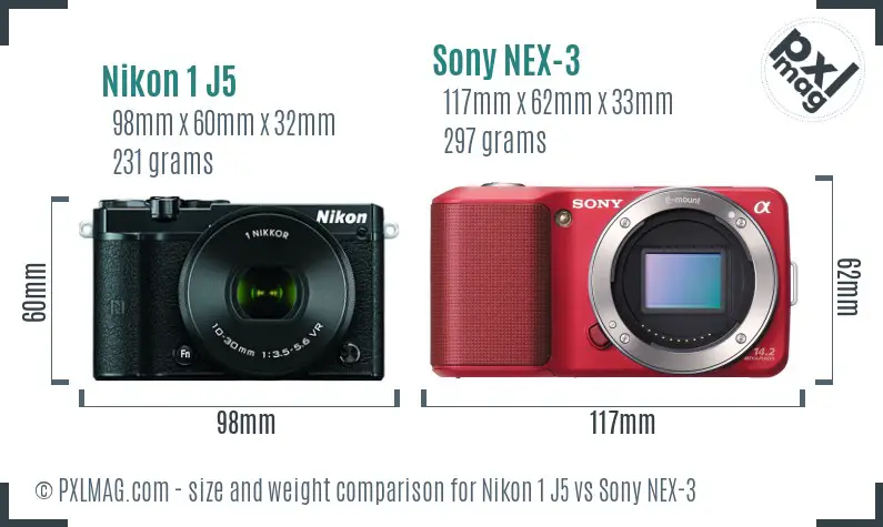 Nikon 1 J5 vs Sony NEX-3 size comparison