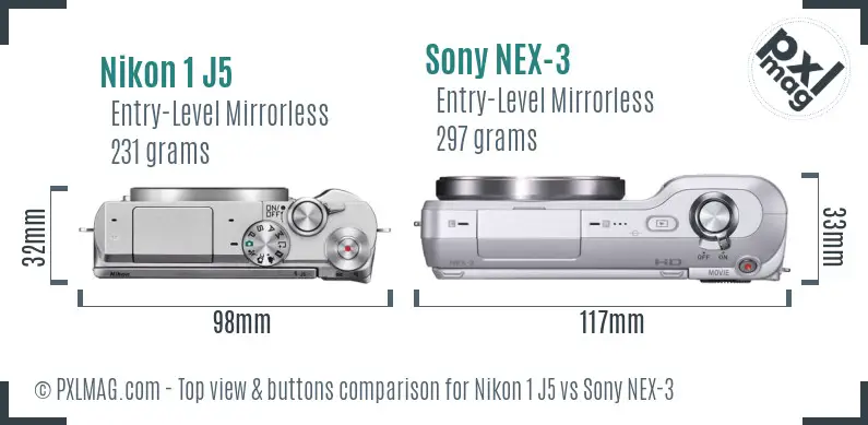 Nikon 1 J5 vs Sony NEX-3 top view buttons comparison