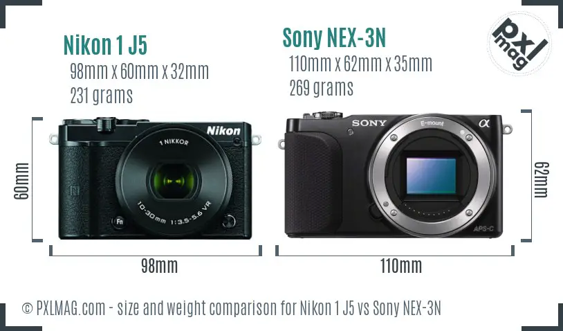 Nikon 1 J5 vs Sony NEX-3N size comparison