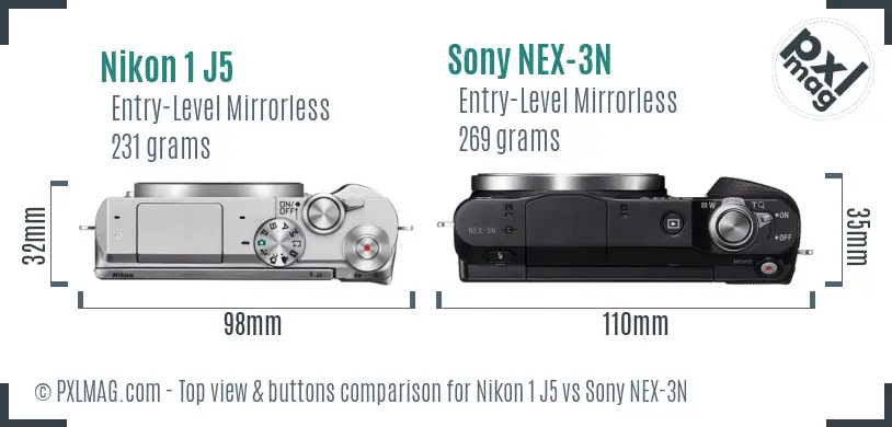 Nikon 1 J5 vs Sony NEX-3N top view buttons comparison