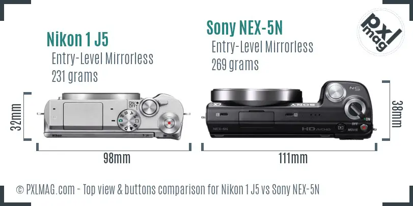 Nikon 1 J5 vs Sony NEX-5N top view buttons comparison