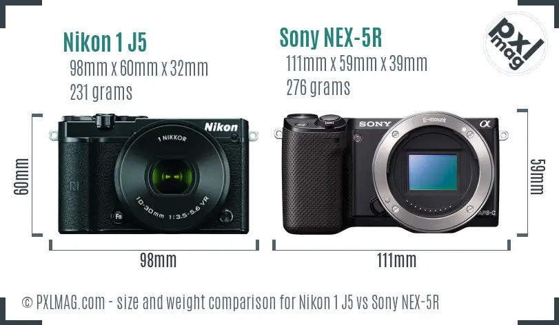 Nikon 1 J5 vs Sony NEX-5R size comparison