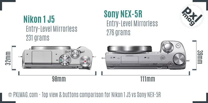 Nikon 1 J5 vs Sony NEX-5R top view buttons comparison