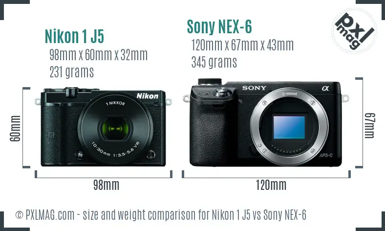 Nikon 1 J5 vs Sony NEX-6 size comparison Nikon 1 J5 vs Sony NEX-6 size comparison