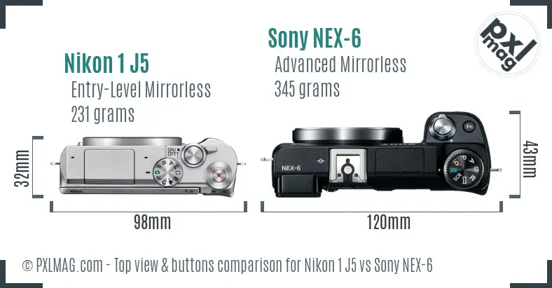 Nikon 1 J5 vs Sony NEX-6 top view buttons comparison Nikon 1 J5 vs Sony NEX-6 top view buttons comparison