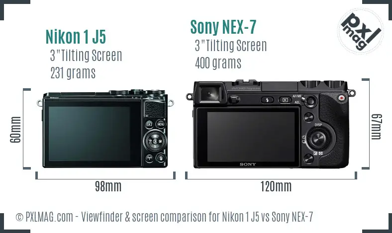 Nikon 1 J5 vs Sony NEX-7 Screen and Viewfinder comparison