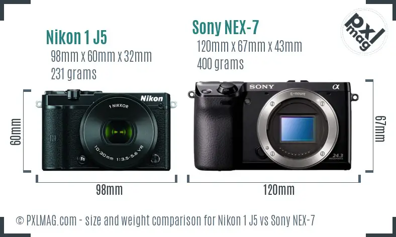 Nikon 1 J5 vs Sony NEX-7 size comparison