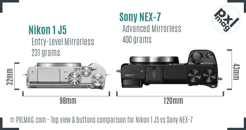 Nikon 1 J5 vs Sony NEX-7 top view buttons comparison