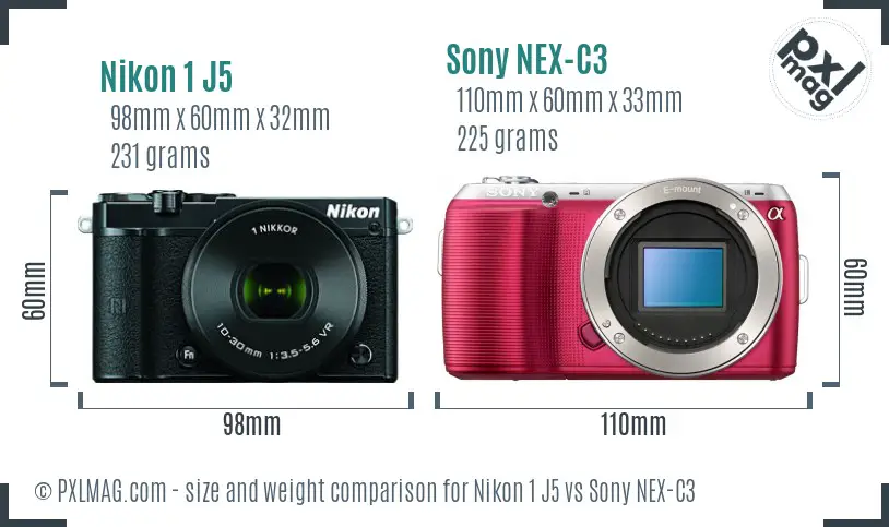 Nikon 1 J5 vs Sony NEX-C3 size comparison
