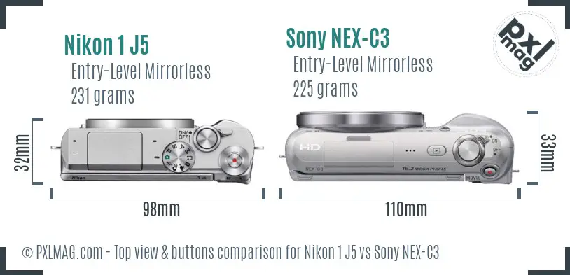 Nikon 1 J5 vs Sony NEX-C3 top view buttons comparison