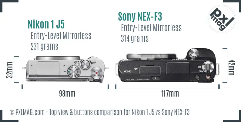 Nikon 1 J5 vs Sony NEX-F3 top view buttons comparison