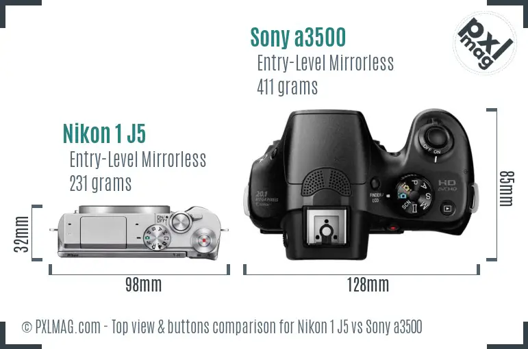 Nikon 1 J5 vs Sony a3500 top view buttons comparison Nikon 1 J5 vs Sony a3500 top view buttons comparison