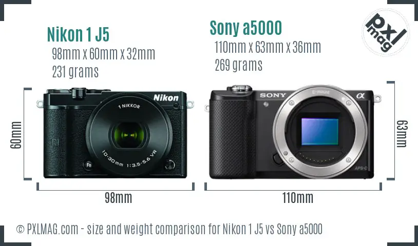Nikon 1 J5 vs Sony a5000 size comparison