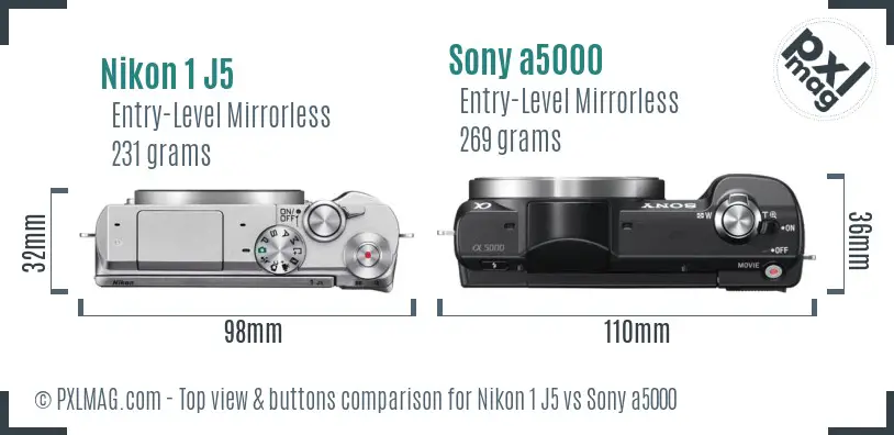 Nikon 1 J5 vs Sony a5000 top view buttons comparison