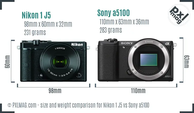 Nikon 1 J5 vs Sony a5100 size comparison