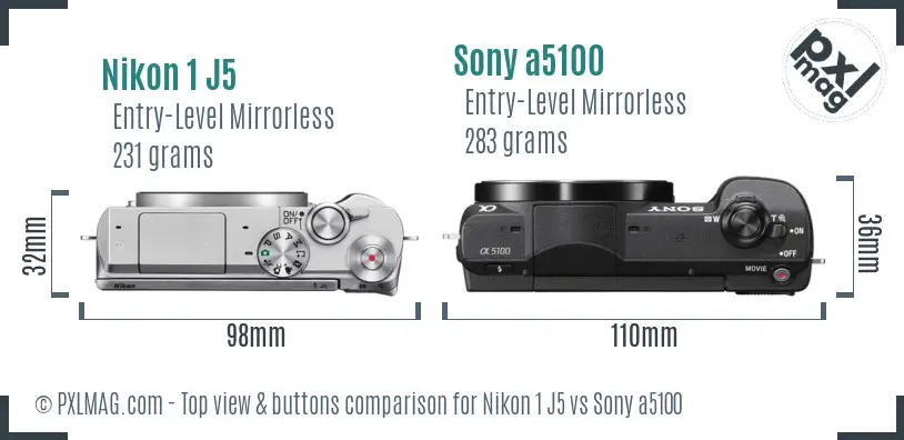 Nikon 1 J5 vs Sony a5100 top view buttons comparison