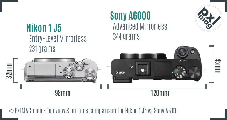 Nikon 1 J5 vs Sony A6000 top view buttons comparison