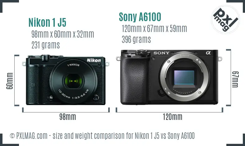 Nikon 1 J5 vs Sony A6100 size comparison