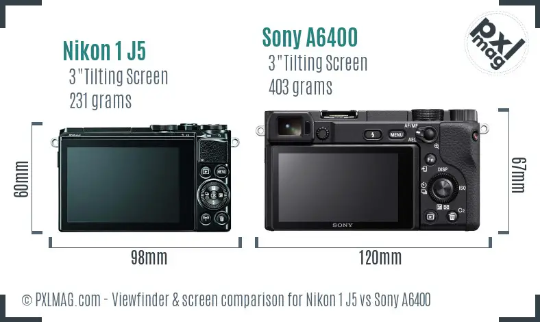 Nikon 1 J5 vs Sony A6400 Screen and Viewfinder comparison