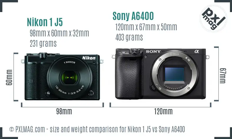 Nikon 1 J5 vs Sony A6400 size comparison