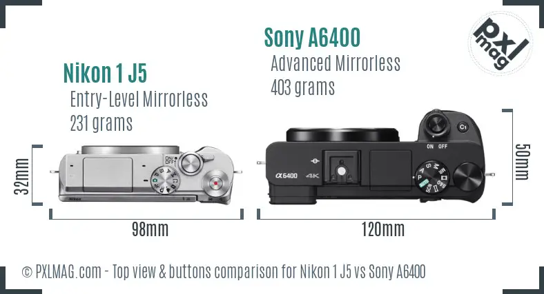 Nikon 1 J5 vs Sony A6400 top view buttons comparison
