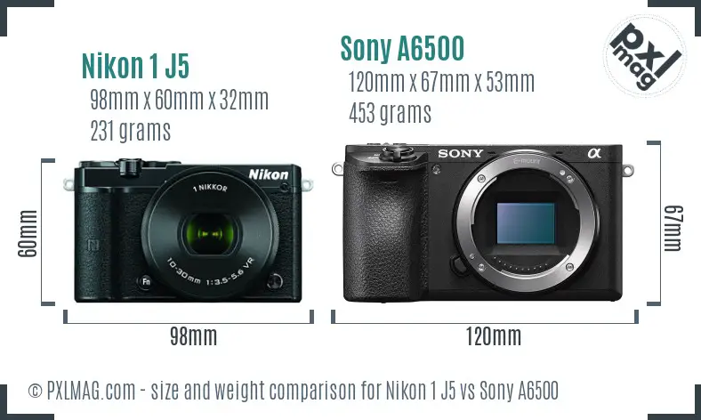 Nikon 1 J5 vs Sony A6500 size comparison
