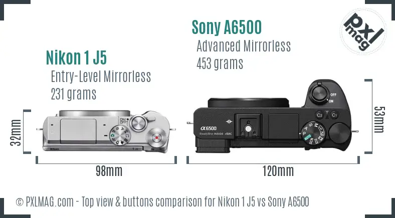 Nikon 1 J5 vs Sony A6500 top view buttons comparison