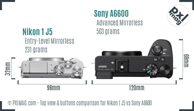 Nikon 1 J5 vs Sony A6600 top view buttons comparison