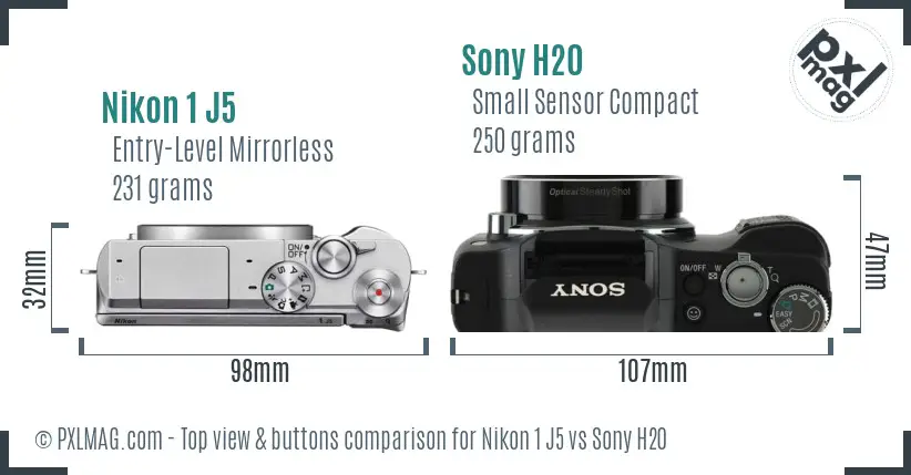 Nikon 1 J5 vs Sony H20 top view buttons comparison