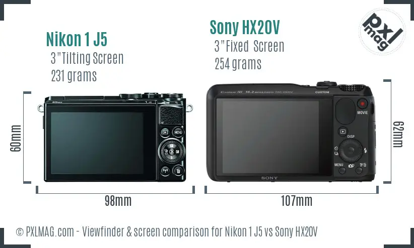 Nikon 1 J5 vs Sony HX20V Screen and Viewfinder comparison