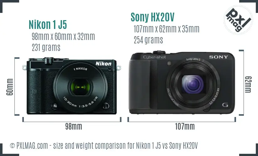 Nikon 1 J5 vs Sony HX20V size comparison