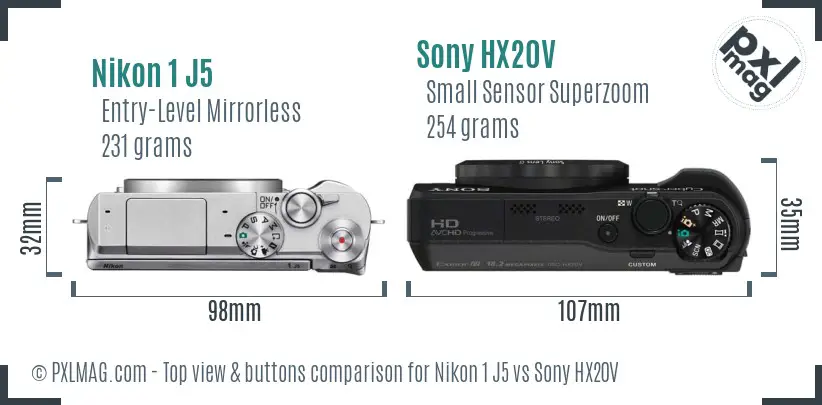 Nikon 1 J5 vs Sony HX20V top view buttons comparison