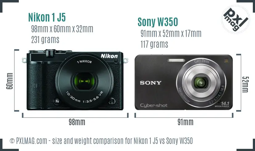 Nikon 1 J5 vs Sony W350 size comparison