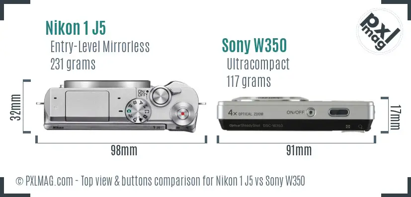 Nikon 1 J5 vs Sony W350 top view buttons comparison