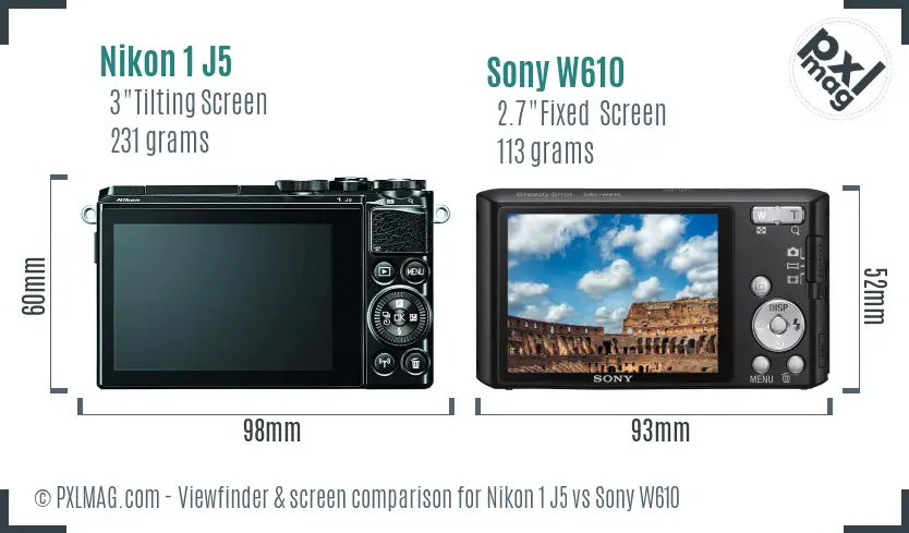 Nikon 1 J5 vs Sony W610 Screen and Viewfinder comparison