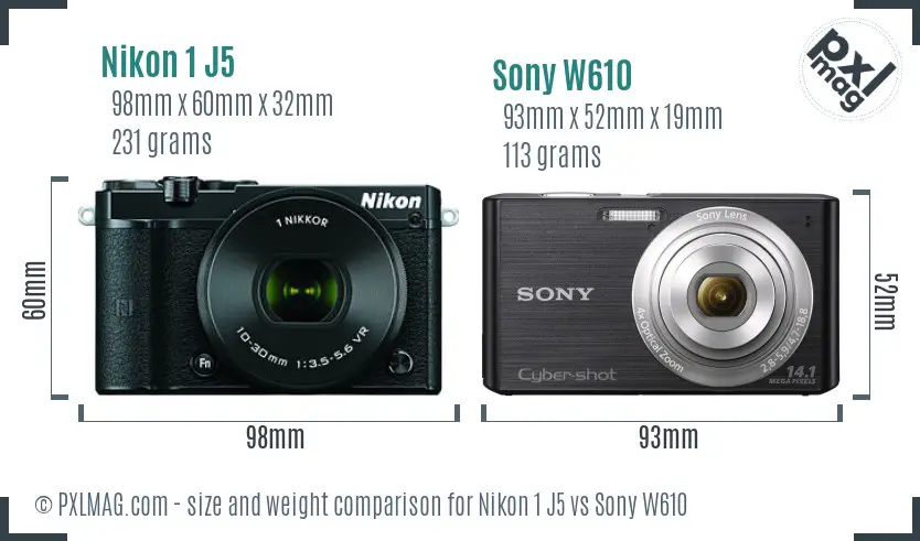 Nikon 1 J5 vs Sony W610 size comparison