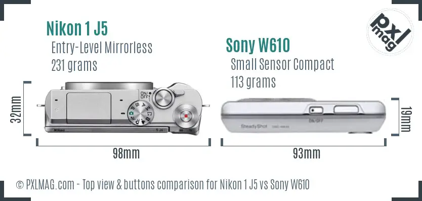 Nikon 1 J5 vs Sony W610 top view buttons comparison