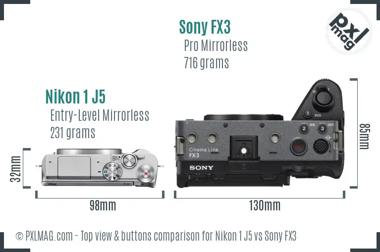 Nikon 1 J5 vs Sony FX3 top view buttons comparison Nikon 1 J5 vs Sony FX3 top view buttons comparison