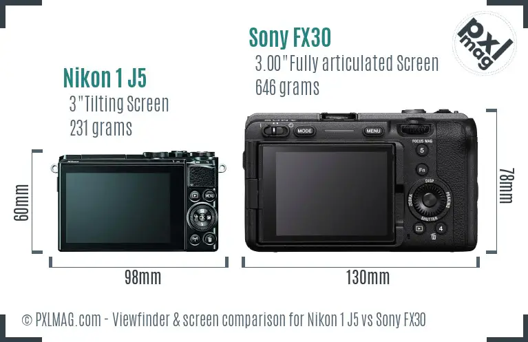 Nikon 1 J5 vs Sony FX30 Screen and Viewfinder comparison