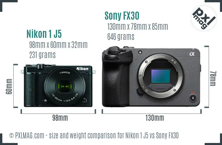 Nikon 1 J5 vs Sony FX30 size comparison