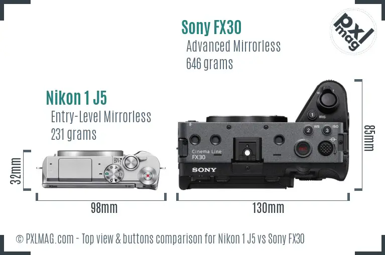 Nikon 1 J5 vs Sony FX30 top view buttons comparison