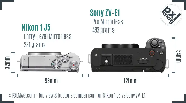 Nikon 1 J5 vs Sony ZV-E1 top view buttons comparison Nikon 1 J5 vs Sony ZV-E1 top view buttons comparison