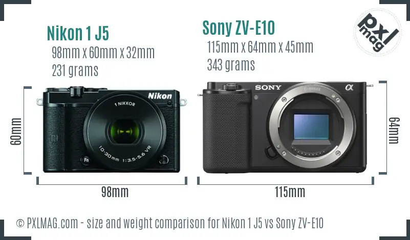 Nikon 1 J5 vs Sony ZV-E10 size comparison