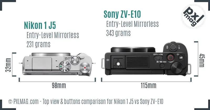 Nikon 1 J5 vs Sony ZV-E10 top view buttons comparison